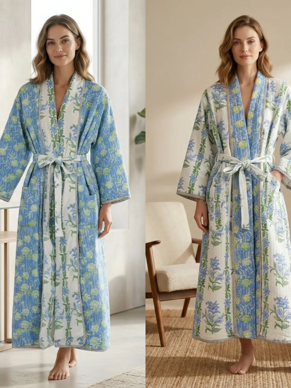 Reversible Cotton Kimono Robe, Hand Block Print Bathrobe, Floral Quilted for Her